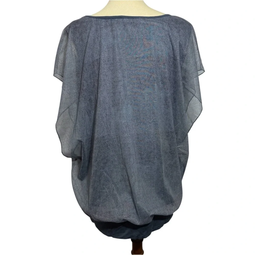 Women’s Size 2XL Chic Sheer Overlay Blue Blouse - Picture 2 of 15